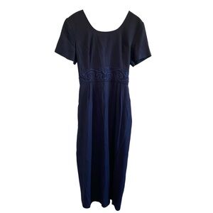 John Roberts Women's Vintage Dress Size 14‎ Navy Blue Embroidered-detail Waist